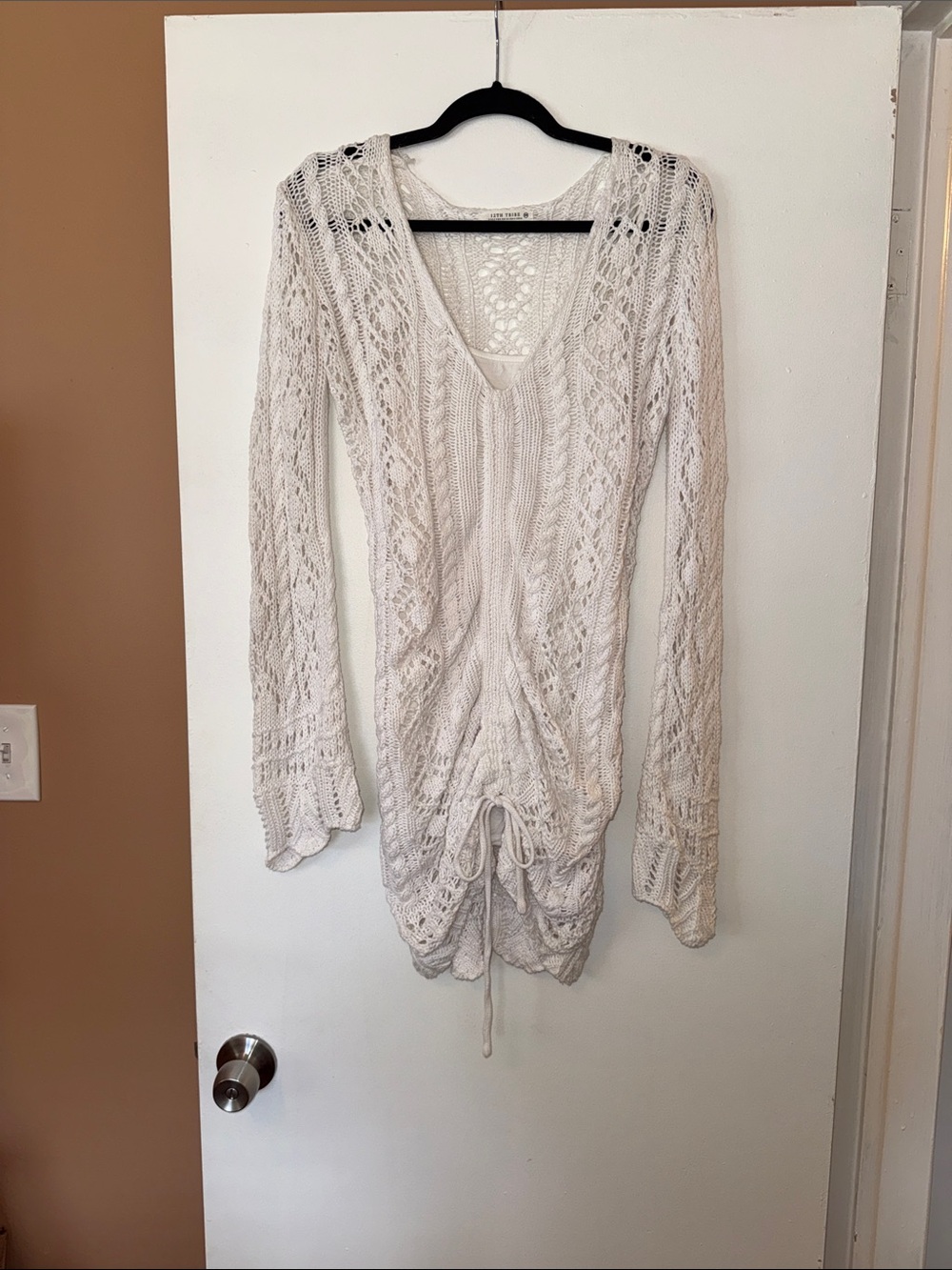 12th Tribe Open Crochet V-Neck Knit Dress in Cream